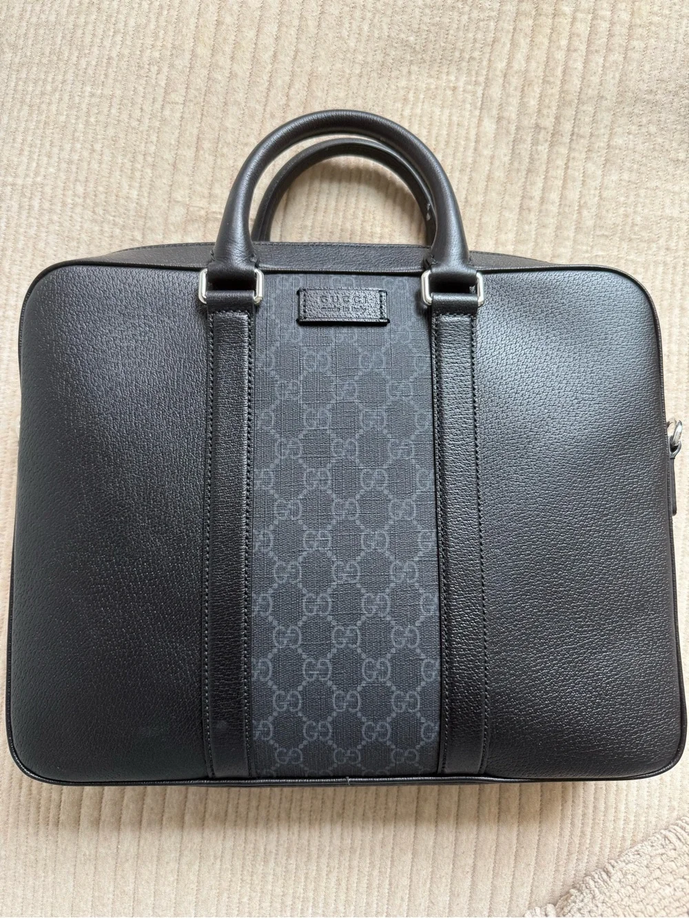 Gucci Black and Gray Men's Leather Briefcase with Signature GG Panel